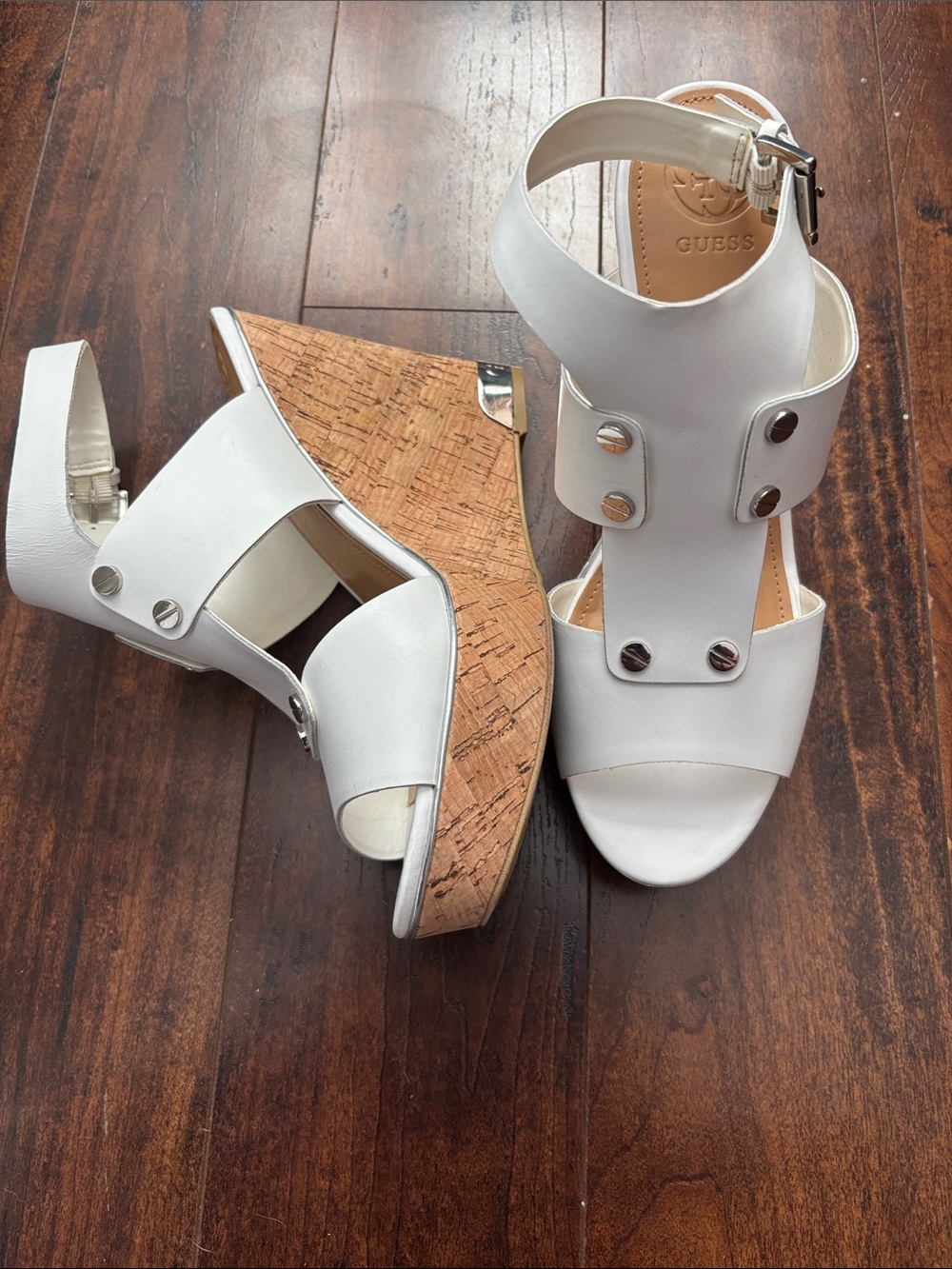 GUESS White Cork Platform Wedge Sandals